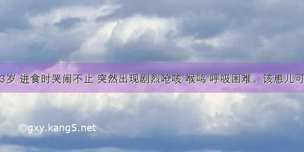 患儿 女 3岁 进食时哭闹不止 突然出现剧烈呛咳 喉鸣 呼吸困难。该患儿可能患有A