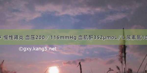 患者 男 28岁 慢性肾炎 血压200／116mmHg 血肌酐352μmoL／L 尿素氮10.7mmol／L