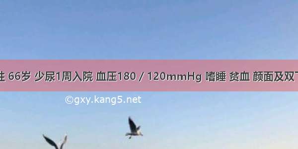 患者 女性 66岁 少尿1周入院 血压180／120mmHg 嗜睡 贫血 颜面及双下肢水肿 