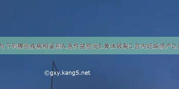 异位妊娠应与下列哪些疾病相鉴别A.急性盆腔炎B.黄体破裂C.宫内妊娠流产D.以上都不是E.