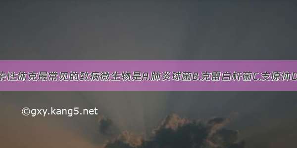 肺炎合并感染性休克最常见的致病微生物是A.肺炎球菌B.克雷白杆菌C.支原体D.病毒E.革兰