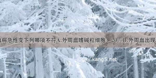 关于慢粒白血病急性变下列哪项不符A.外周血嗜碱粒细胞＞20％B.外周血出现有核红细胞C.