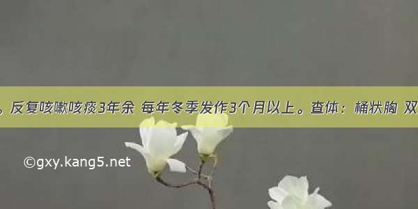 男性 65岁。反复咳嗽咳痰3年余 每年冬季发作3个月以上。查体：桶状胸 双肺散在干湿