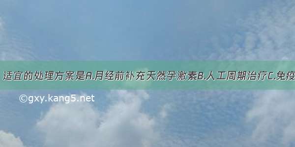 对于该患者 适宜的处理方案是A.月经前补充天然孕激素B.人工周期治疗C.免疫抑制剂治疗