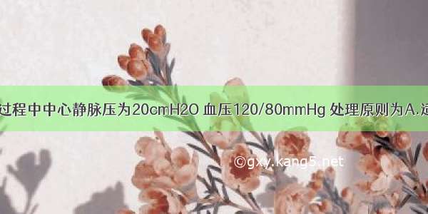 休克患者治疗过程中中心静脉压为20cmH2O 血压120/80mmHg 处理原则为A.适当补液B.收