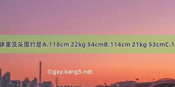 5岁小儿按公式计算身高 体重及头围约是A.118cm 22kg 54cmB.114cm 21kg 53cmC.111cm 20kg 52cmD.108