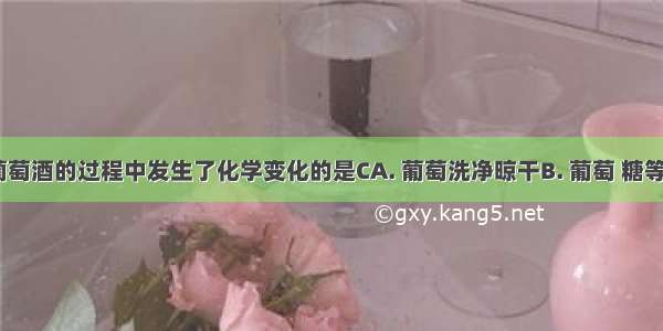 家庭酿制葡萄酒的过程中发生了化学变化的是CA. 葡萄洗净晾干B. 葡萄 糖等混合均匀C