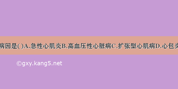 发病的病因是()A.急性心肌炎B.高血压性心脏病C.扩张型心肌病D.心包炎E.甲亢