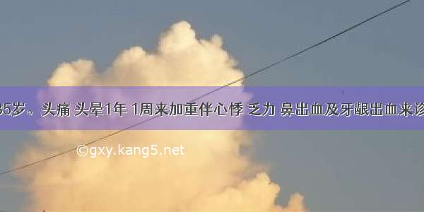 患者男 35岁。头痛 头晕1年 1周来加重伴心悸 乏力 鼻出血及牙龈出血来诊。查体：