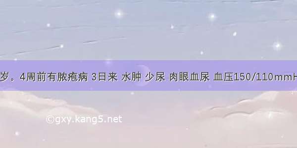 患儿男 8岁。4周前有脓疱病 3日来 水肿 少尿 肉眼血尿 血压150/110mmHg 尿蛋白