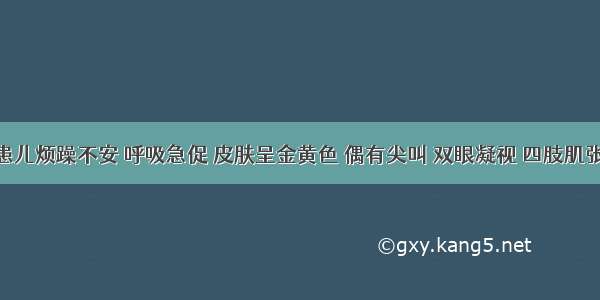 50小时患儿烦躁不安 呼吸急促 皮肤呈金黄色 偶有尖叫 双眼凝视 四肢肌张力增强 