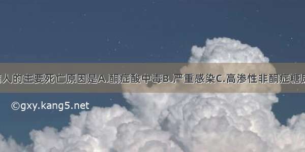 1型糖尿病病人的主要死亡原因是A.酮症酸中毒B.严重感染C.高渗性非酮症糖尿病昏迷D.心