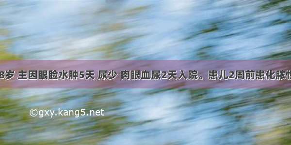 患儿男性 8岁 主因眼睑水肿5天 尿少 肉眼血尿2天入院。患儿2周前患化脓性扁桃体炎