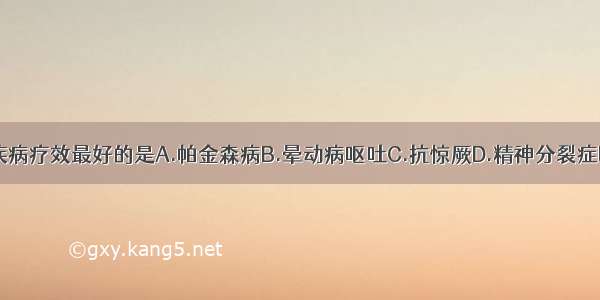 氯丙嗪对下列疾病疗效最好的是A.帕金森病B.晕动病呕吐C.抗惊厥D.精神分裂症E.失眠ABCDE