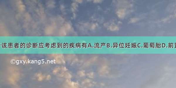 提问1：对于该患者的诊断应考虑到的疾病有A.流产B.异位妊娠C.葡萄胎D.前置胎盘E.阴道