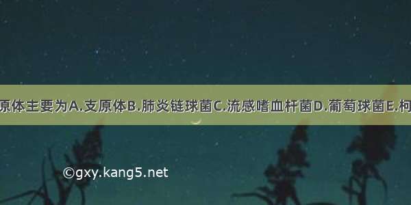 大叶性肺炎的病原体主要为A.支原体B.肺炎链球菌C.流感嗜血杆菌D.葡萄球菌E.柯萨奇病毒ABCDE