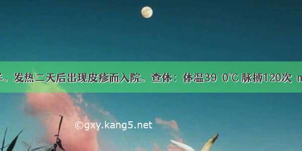 患儿 3岁半。发热二天后出现皮疹而入院。查体：体温39．0℃ 脉搏120次／min 呼吸36