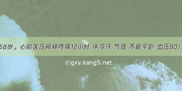 患者男性 58岁。心前区压榨样疼痛12小时 伴冷汗 气促 不能平卧 血压90/75mmHg 