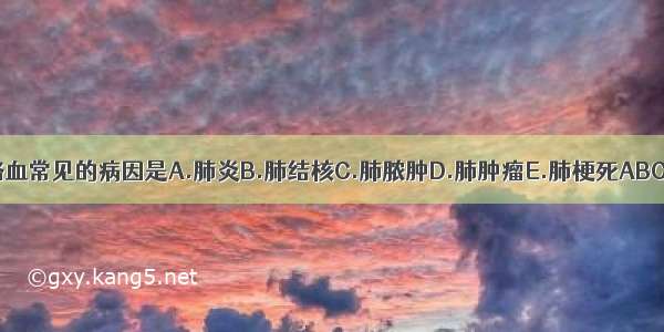 大咯血常见的病因是A.肺炎B.肺结核C.肺脓肿D.肺肿瘤E.肺梗死ABCDE