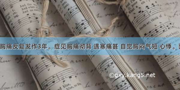 患者 男 胸痛反复发作3年。症见胸痛彻背 遇寒痛甚 自觉胸闷气短 心悸。面色苍白