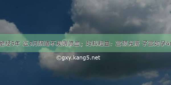 56岁病人 绝经5年 近3月阴道不规则流血；妇科检查：宫颈光滑 子宫如孕40天大 质软