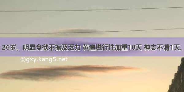 患者 男性 26岁。明显食欲不振及乏力 黄疸进行性加重10天 神志不清1天。查体：嗜