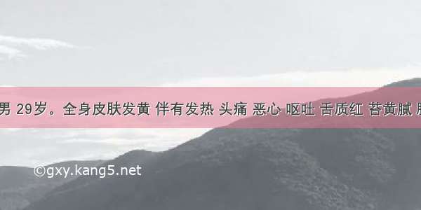 患者 男 29岁。全身皮肤发黄 伴有发热 头痛 恶心 呕吐 舌质红 苔黄腻 脉弦滑