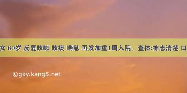 患者女 60岁 反复咳嗽 咳痰 喘息 再发加重1周入院。查体:神志清楚 口唇 指