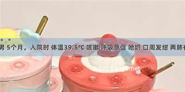 患儿 男 5个月。入院时 体温39.5℃ 咳嗽 呼吸急促 呛奶 口周发绀 两肺有固定