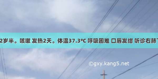 患儿 男 2岁半。咳嗽 发热2天。体温37.3℃ 呼吸困难 口唇发绀 听诊右肺下部有湿