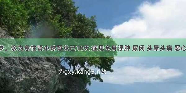 患儿 8岁。诊为急性肾小球肾炎已10天 症见全身浮肿 尿闭 头晕头痛 恶心呕吐 口