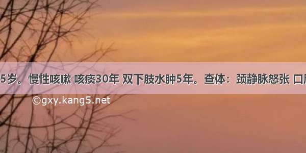 患者男 65岁。慢性咳嗽 咳痰30年 双下肢水肿5年。查体：颈静脉怒张 口唇发绀 桶