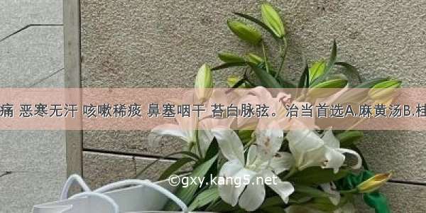 症见头微痛 恶寒无汗 咳嗽稀痰 鼻塞咽干 苔白脉弦。治当首选A.麻黄汤B.桂枝汤C.桑