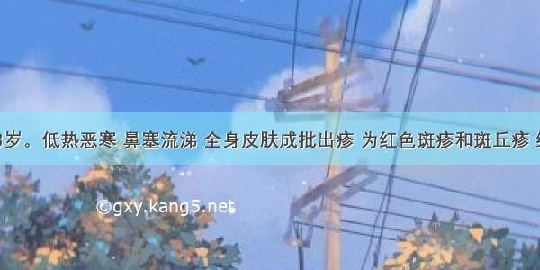 患儿 3岁。低热恶寒 鼻塞流涕 全身皮肤成批出疹 为红色斑疹和斑丘疹 继有疱