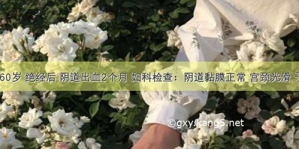 女性 60岁 绝经后 阴道出血2个月 妇科检查：阴道黏膜正常 宫颈光滑 子宫稍