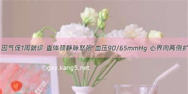 男性 34岁 因气促1周就诊 查体颈静脉怒张 血压90/65mmHg 心界向两侧扩大 心率12