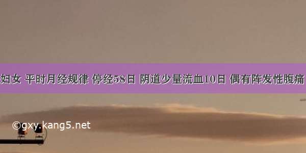 三十一岁妇女 平时月经规律 停经58日 阴道少量流血10日 偶有阵发性腹痛 妇科检查