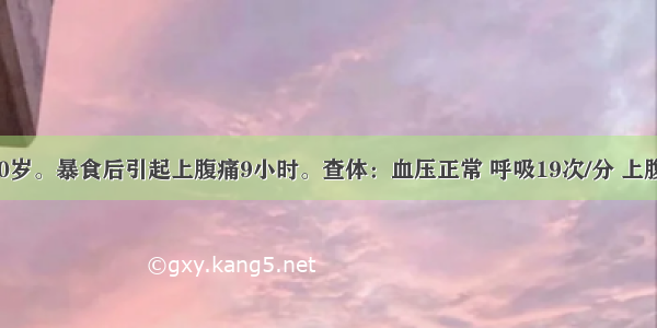 患者 男 50岁。暴食后引起上腹痛9小时。查体：血压正常 呼吸19次/分 上腹明显压痛