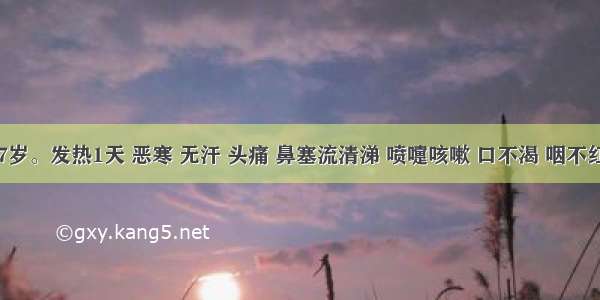 患儿 7岁。发热1天 恶寒 无汗 头痛 鼻塞流清涕 喷嚏咳嗽 口不渴 咽不红 舌苔