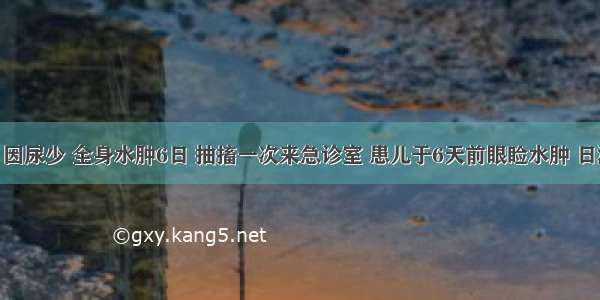 7岁患儿 因尿少 全身水肿6日 抽搐一次来急诊室 患儿于6天前眼睑水肿 日渐波及全