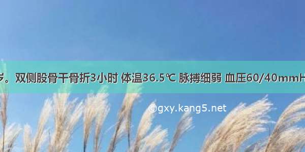 患者男 45岁。双侧股骨干骨折3小时 体温36.5℃ 脉搏细弱 血压60/40mmHg 四肢冰冷