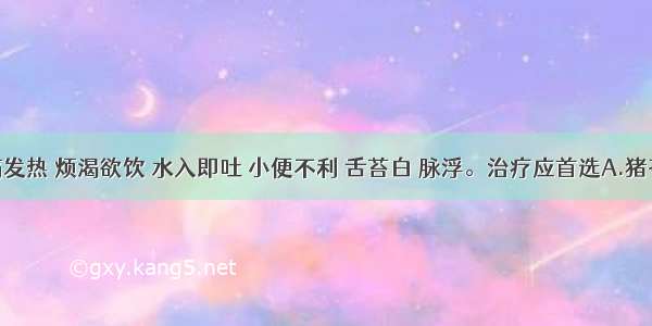 病人头痛发热 烦渴欲饮 水入即吐 小便不利 舌苔白 脉浮。治疗应首选A.猪苓汤B.五