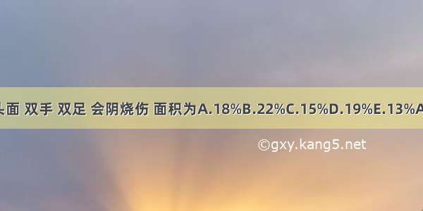 成人头面 双手 双足 会阴烧伤 面积为A.18%B.22%C.15%D.19%E.13%ABCDE
