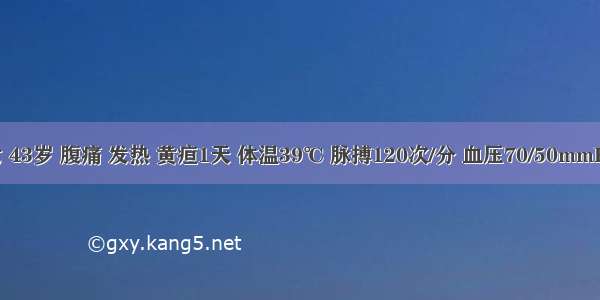 女 43岁 腹痛 发热 黄疸1天 体温39℃ 脉搏120次/分 血压70/50mmHg