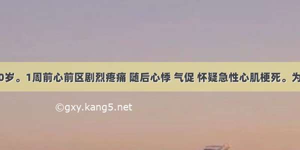 患者男 50岁。1周前心前区剧烈疼痛 随后心悸 气促 怀疑急性心肌梗死。为确诊最有