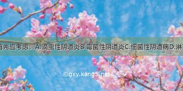 此病人诊断首先应考虑：A.滴虫性阴道炎B.霉菌性阴道炎C.细菌性阴道病D.淋菌性尿道炎E.