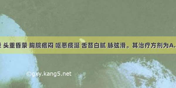 患者眩晕 头重昏蒙 胸脘痞闷 呕恶痰涎 舌苔白腻 脉弦滑。其治疗方剂为A.温胆汤B.