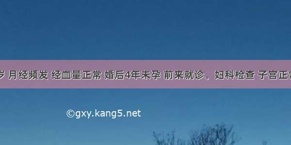 女 28岁 月经频发 经血量正常 婚后4年未孕 前来就诊。妇科检查 子宫正常大小 