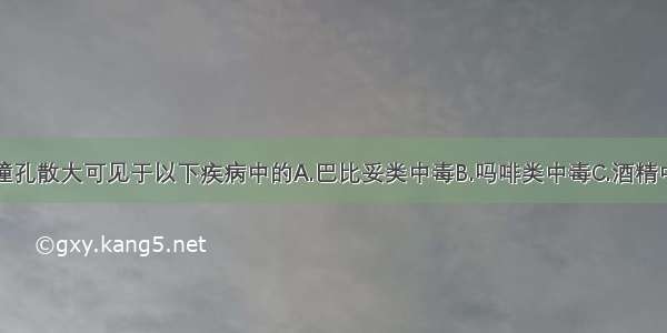 意识障碍伴瞳孔散大可见于以下疾病中的A.巴比妥类中毒B.吗啡类中毒C.酒精中毒D.有机磷