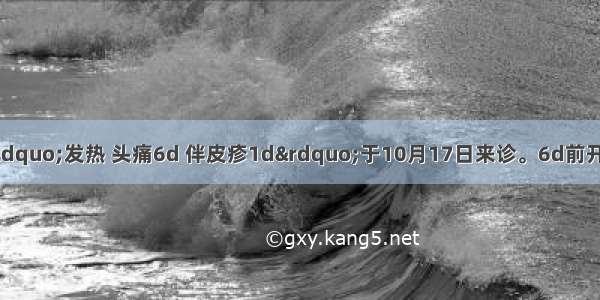 患者女 36岁 因“发热 头痛6d 伴皮疹1d”于10月17日来诊。6d前开始发热 体温达40